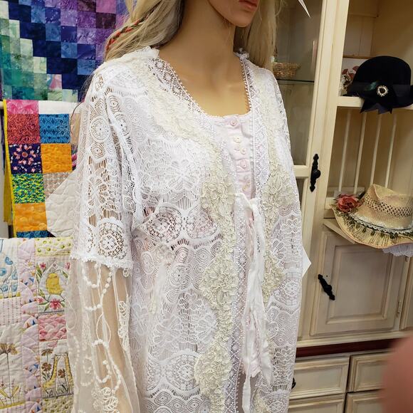 Handmade Upcycled Ivory Vintage Lace‎ Duster Bell sleeve Boho Chic Size One size - Picture 3 of 10